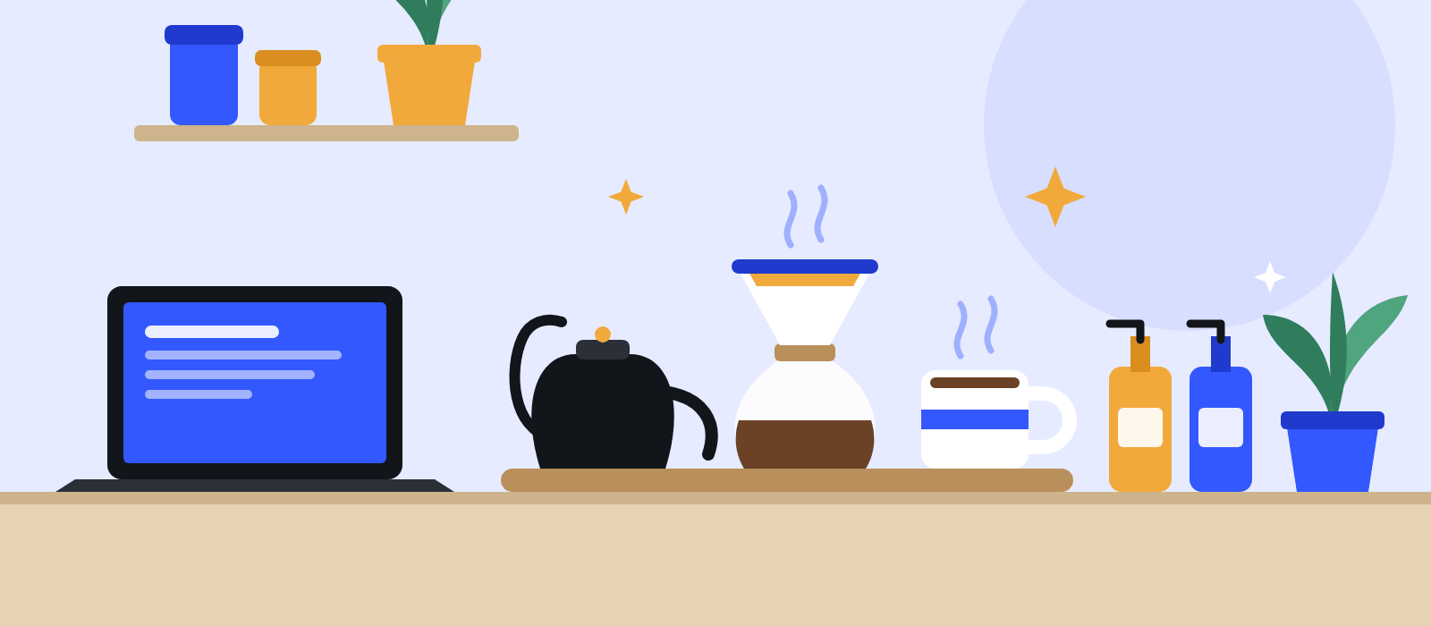 Illustration of a desk-side coffee station: laptop, gooseneck kettle, pour-over, latte mug and syrup bottles.