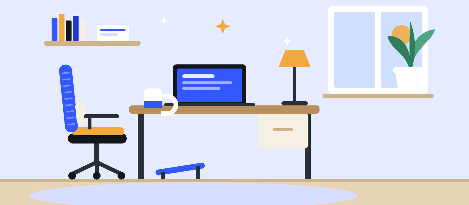 Illustration of a compact home office with a small desk, a laptop, an office chair with seat and lumbar cushions, and a footrest.