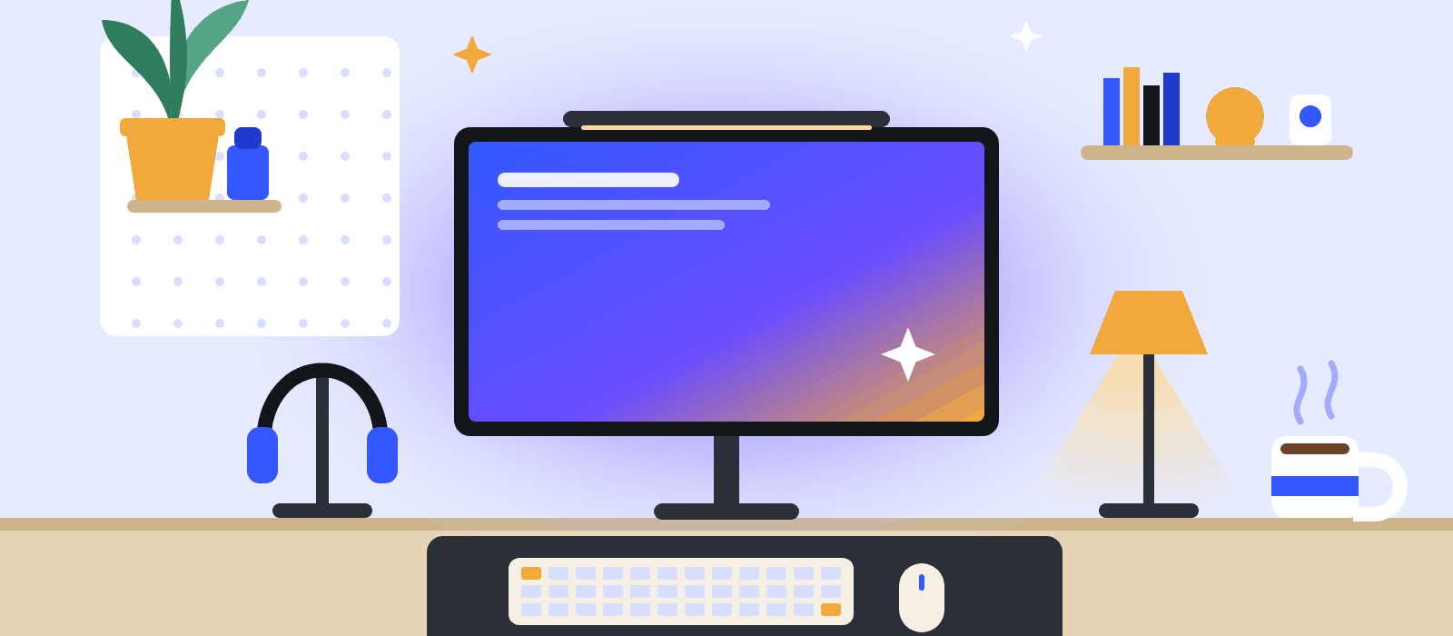 Illustration of a home office desk with a backlit monitor, light bar, headphones on a stand, a pegboard, a warm lamp and a mug.