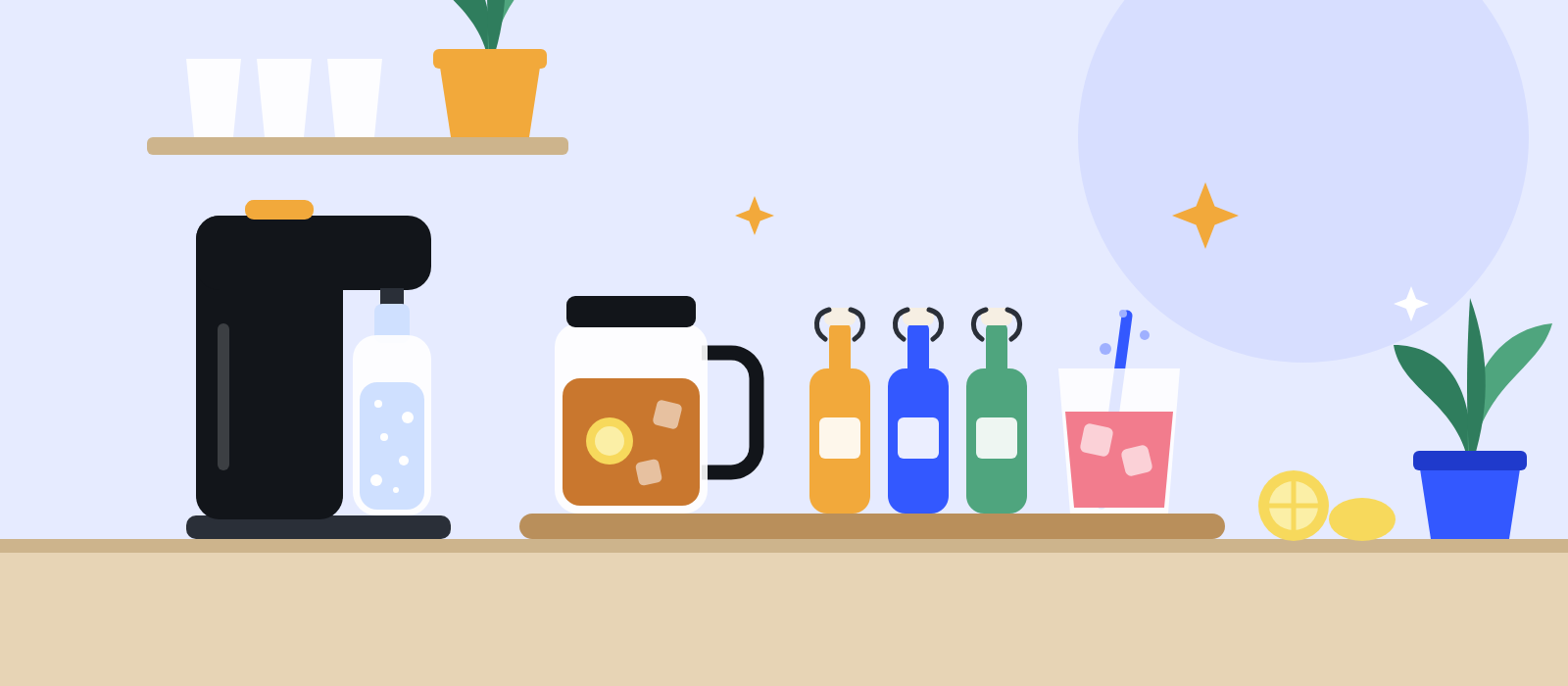 Illustration of a home drink station with a sparkling water maker, a pitcher of iced tea with lemon, three flip-top bottles of syrup and a glass of pink soda with a straw.