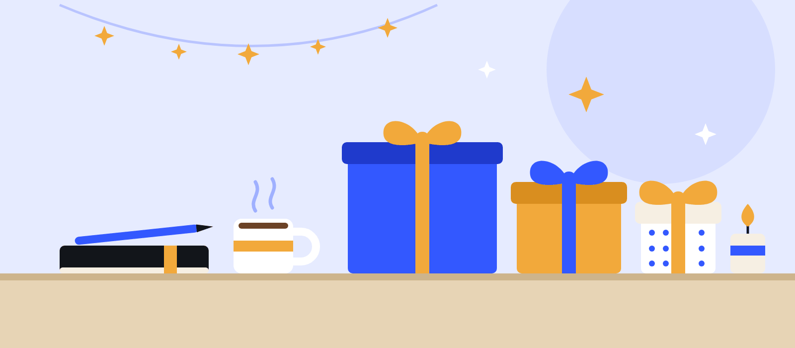 Illustration of wrapped gifts, a mug, a journal and a candle on a desk.