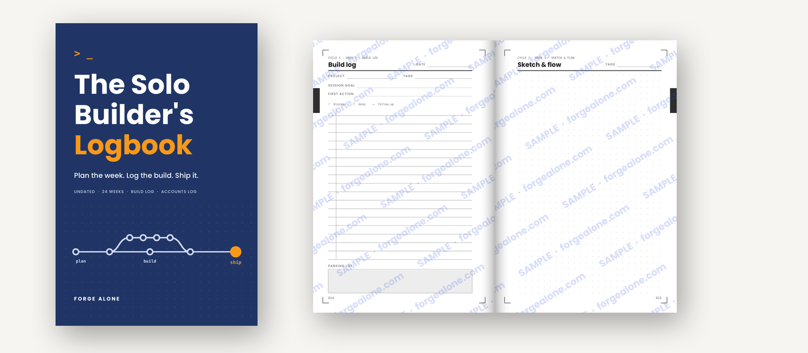 The Solo Builder's Logbook: navy cover with an amber title, next to an open build log and dot-grid sketch spread.